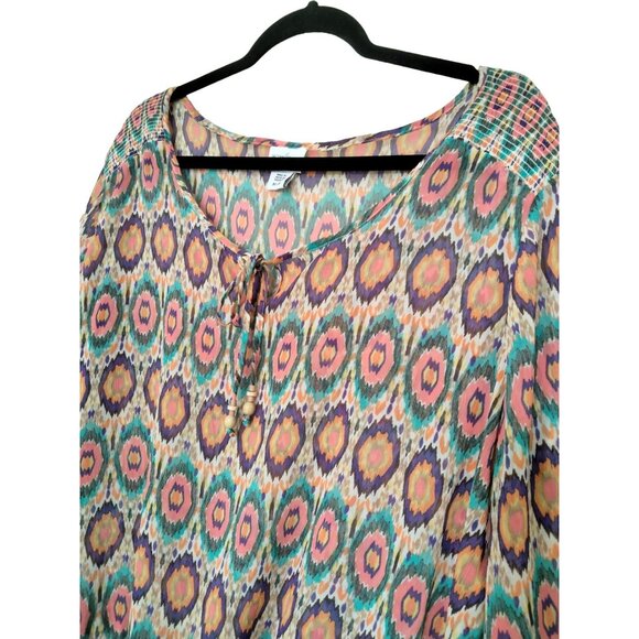 Jaclyn Smith Ikat-Print Peasant Blouse With Tie Neck & Smocked Waist X-Large - Picture 4 of 8